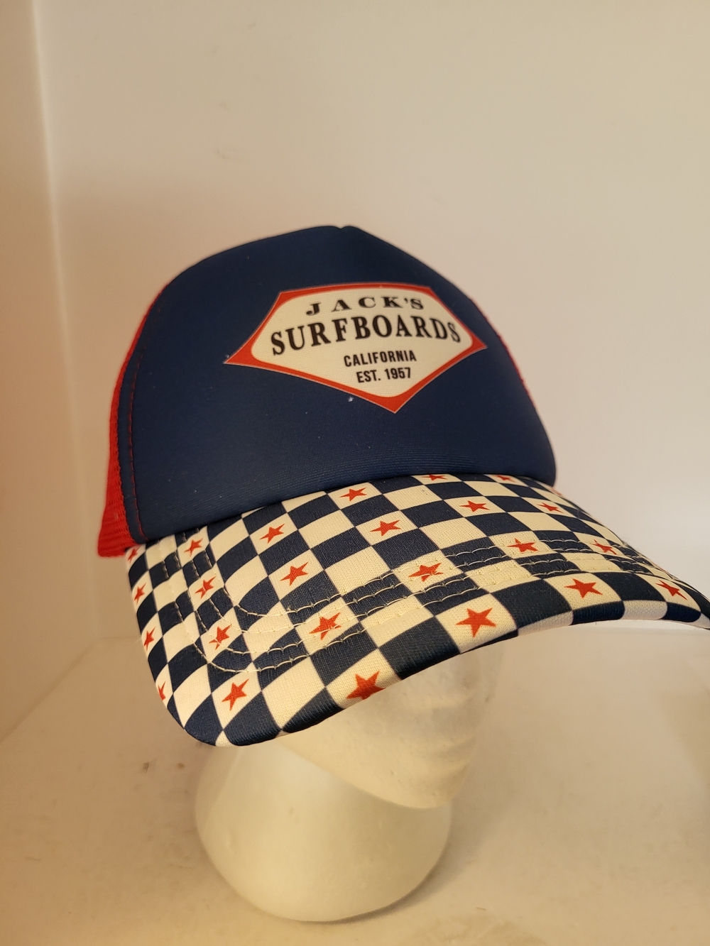 Jack's Surfboards Trucker Hat - Navy, Red, White Check Stars W/ HBPD Patch